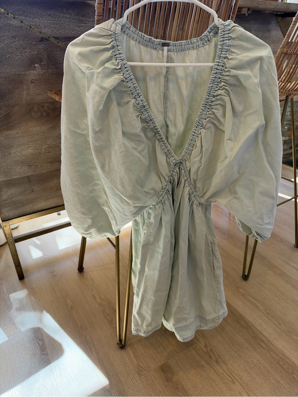 Free People Sage Green Ruched V-Neck Blouse